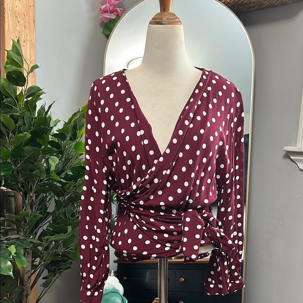 Zara Polka Dot Wrap Top - Burgundy
